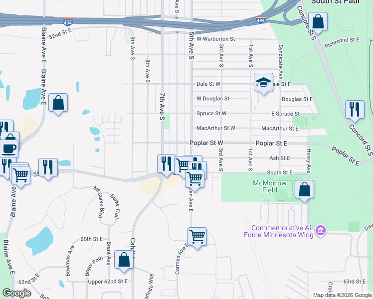 map of restaurants, bars, coffee shops, grocery stores, and more near 1428 5th Avenue South in South Saint Paul
