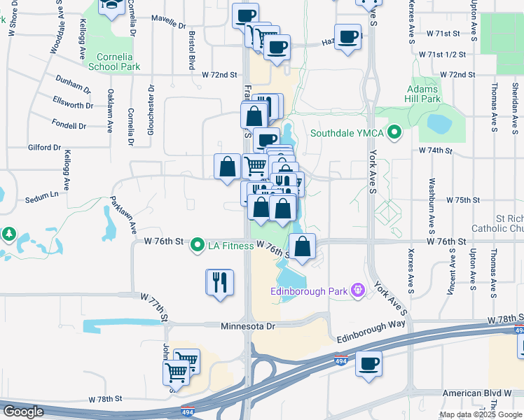 map of restaurants, bars, coffee shops, grocery stores, and more near Plaza Drive in Edina