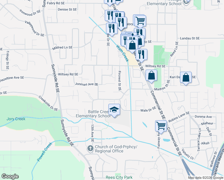 map of restaurants, bars, coffee shops, grocery stores, and more near 1480-1482 Woodside Court Southeast in Salem