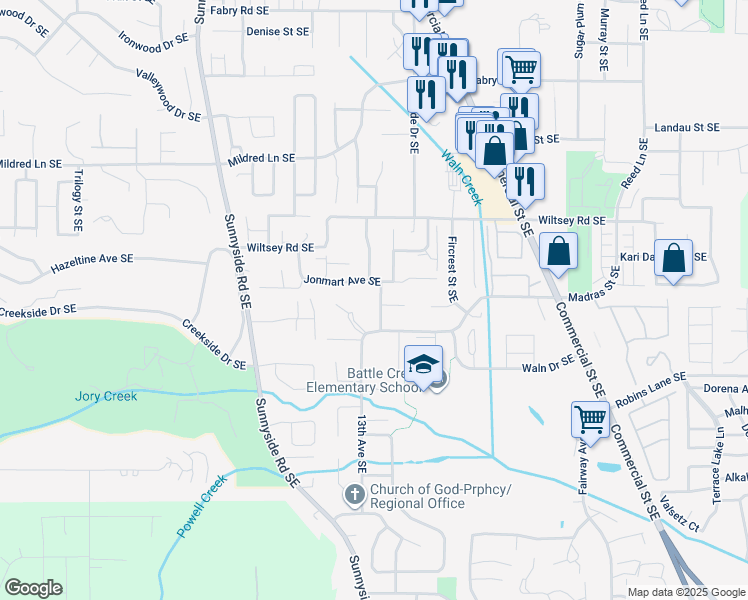 map of restaurants, bars, coffee shops, grocery stores, and more near 6175 Woodside Court Southeast in Salem