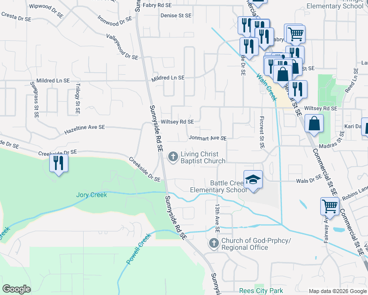 map of restaurants, bars, coffee shops, grocery stores, and more near 1187 Pollyanne Avenue Southeast in Salem