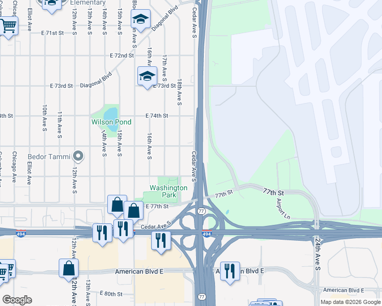 map of restaurants, bars, coffee shops, grocery stores, and more near 7500 Cedar Avenue South in Richfield