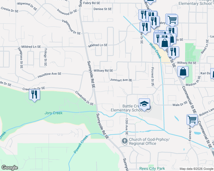 map of restaurants, bars, coffee shops, grocery stores, and more near 1187 Pollyanne Avenue Southeast in Salem