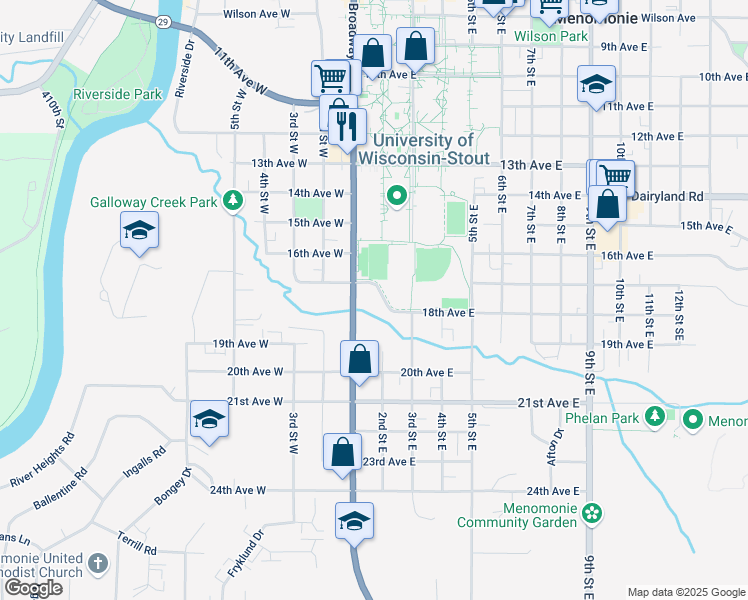 map of restaurants, bars, coffee shops, grocery stores, and more near 1721 2nd Street East in Menomonie