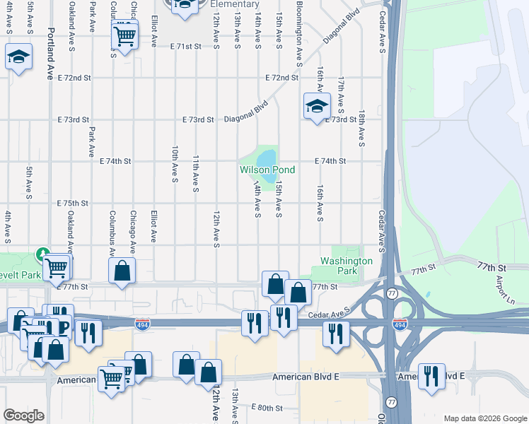 map of restaurants, bars, coffee shops, grocery stores, and more near 7521 14th Avenue South in Minneapolis