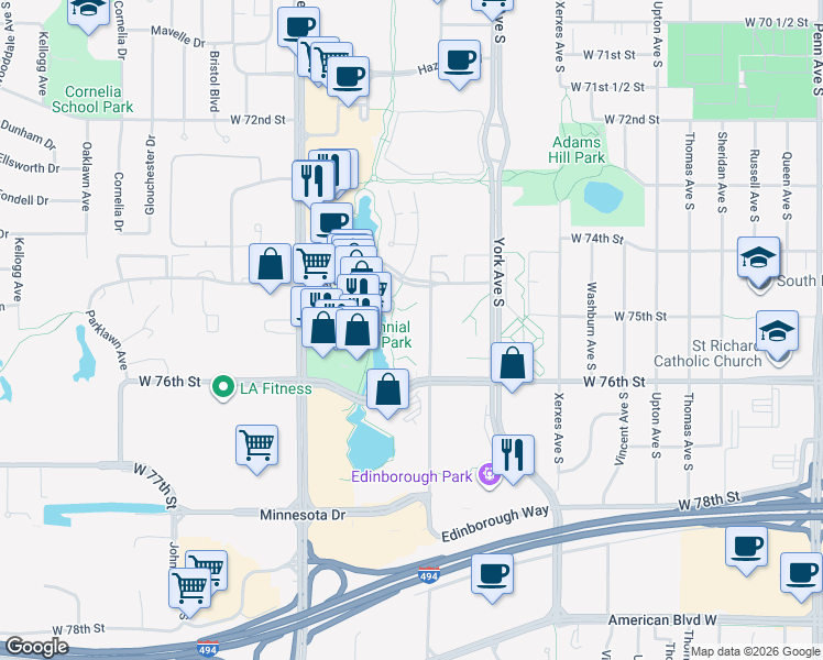 map of restaurants, bars, coffee shops, grocery stores, and more near 7520 Edinborough Way in Minneapolis