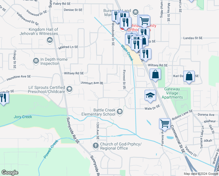 map of restaurants, bars, coffee shops, grocery stores, and more near 1445-1447 Woodside Court Southeast in Salem