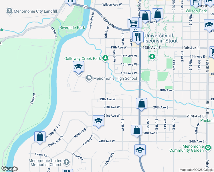 map of restaurants, bars, coffee shops, grocery stores, and more near 1710 5th Street West in Menomonie