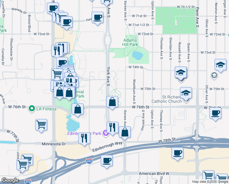 map of restaurants, bars, coffee shops, grocery stores, and more near 3280 West 76th Street in Edina