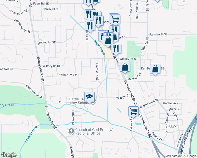 map of restaurants, bars, coffee shops, grocery stores, and more near 6094 Fircrest Street Southeast in Salem