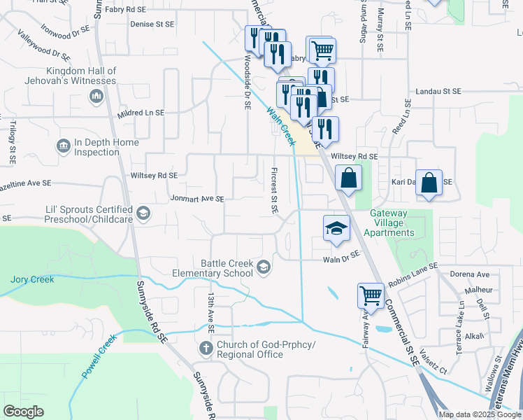 map of restaurants, bars, coffee shops, grocery stores, and more near 1580 Fircrest Court Southeast in Salem