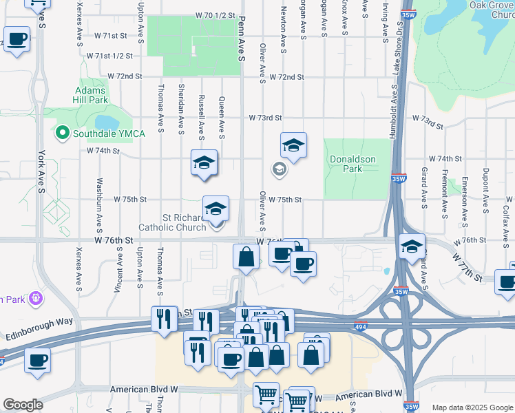 map of restaurants, bars, coffee shops, grocery stores, and more near 7520 Oliver Avenue South in Minneapolis
