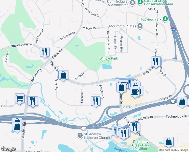 map of restaurants, bars, coffee shops, grocery stores, and more near 7569 Villa Court in Eden Prairie