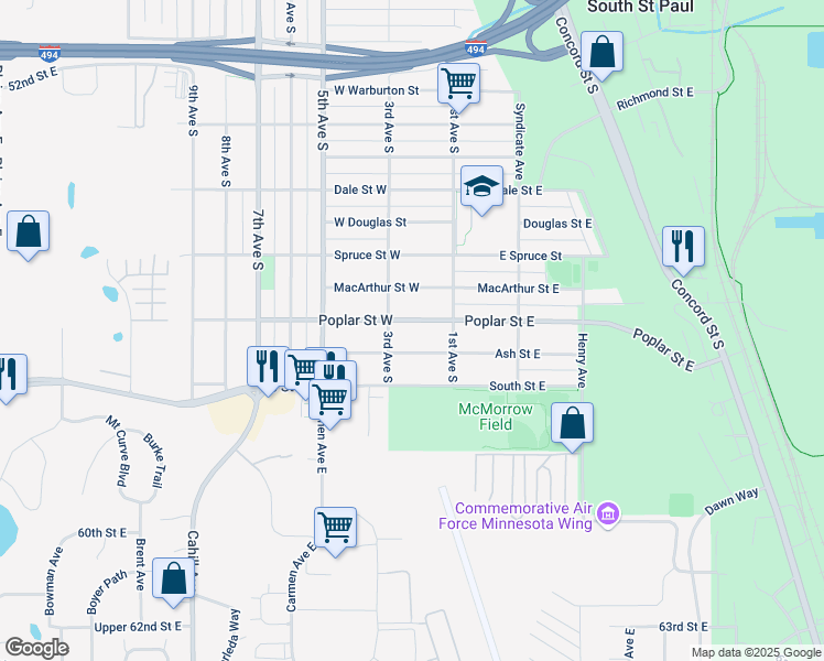 map of restaurants, bars, coffee shops, grocery stores, and more near 126 Ash Street West in South Saint Paul