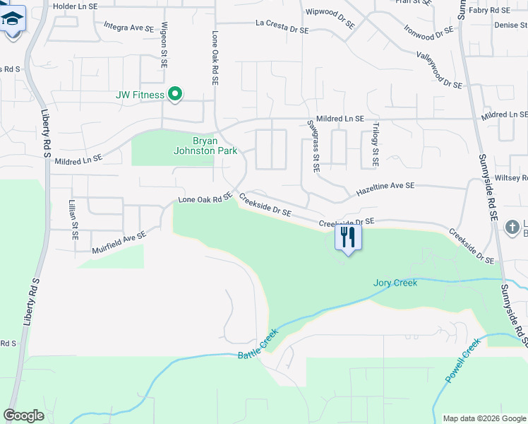 map of restaurants, bars, coffee shops, grocery stores, and more near 504 Creekside Drive Southeast in Salem