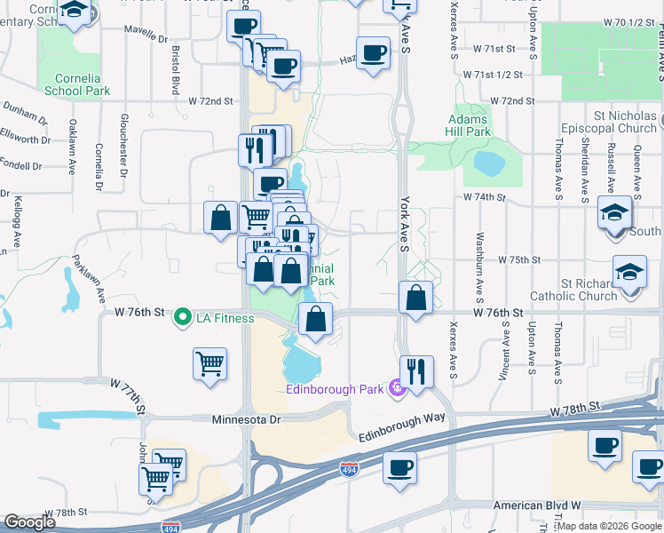 map of restaurants, bars, coffee shops, grocery stores, and more near 7520 Edinborough Way in Minneapolis