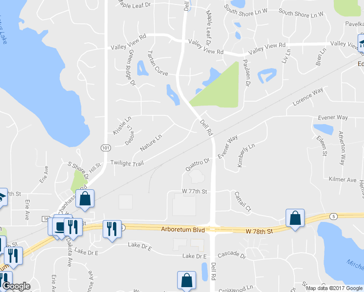 map of restaurants, bars, coffee shops, grocery stores, and more near 18583 Twilight Trail in Eden Prairie