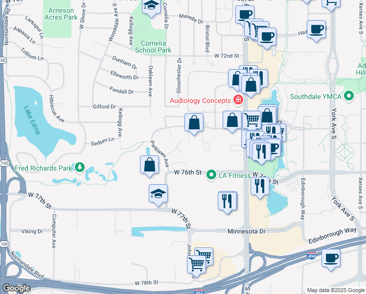 map of restaurants, bars, coffee shops, grocery stores, and more near 4435 Parklawn Court in Minneapolis