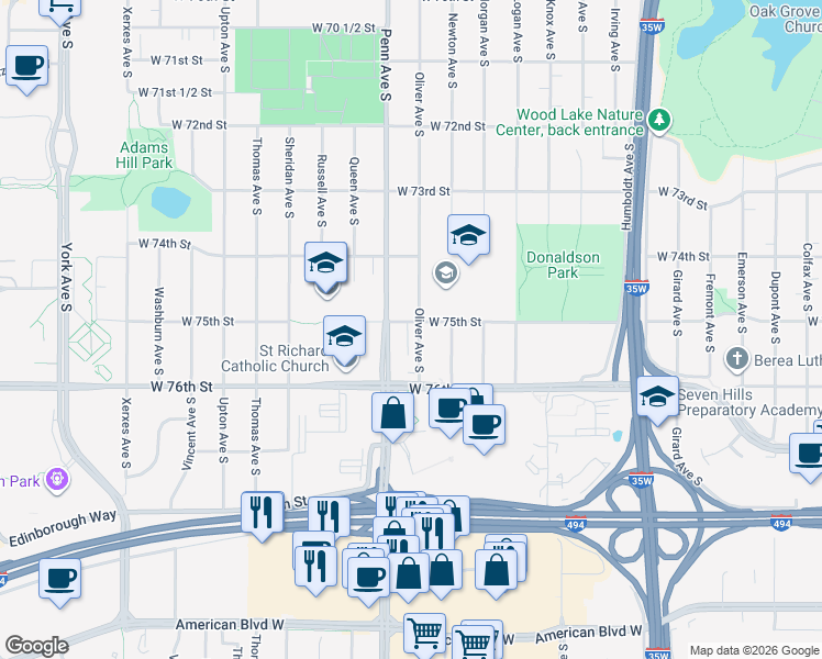 map of restaurants, bars, coffee shops, grocery stores, and more near 7520 Oliver Avenue South in Minneapolis