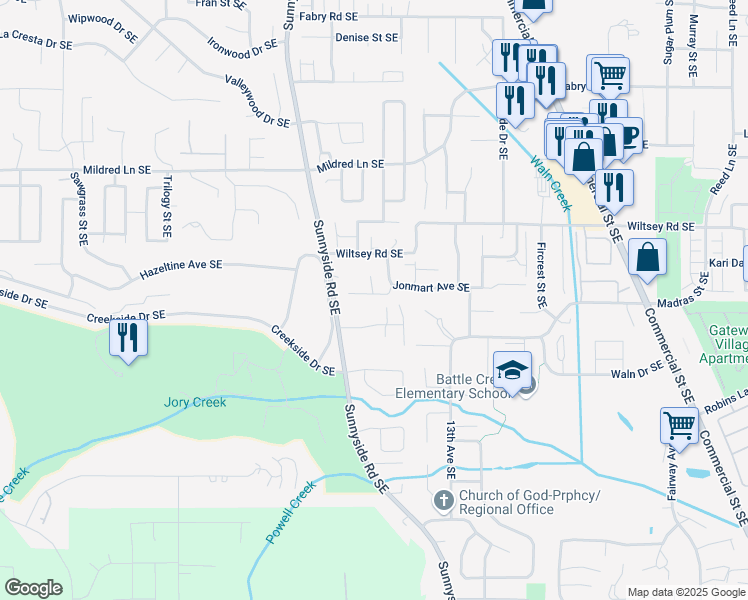 map of restaurants, bars, coffee shops, grocery stores, and more near 1095 Pollyanne Avenue Southeast in Salem