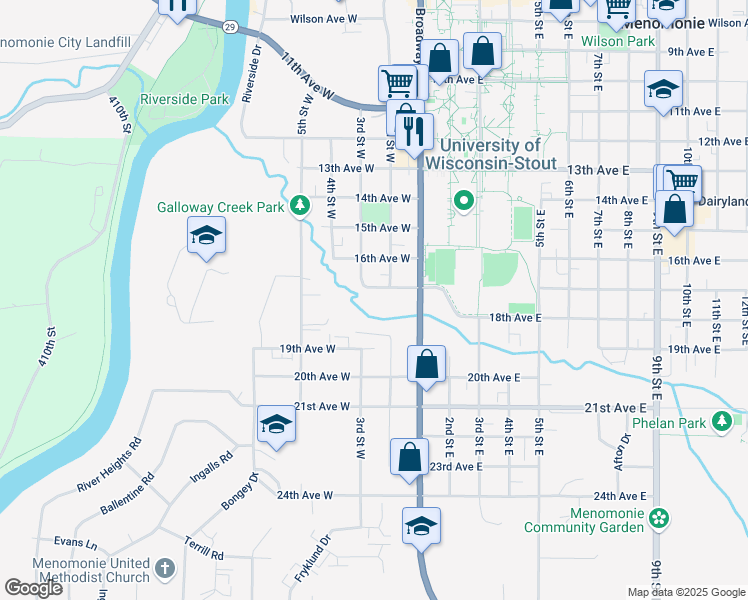 map of restaurants, bars, coffee shops, grocery stores, and more near 205 Galloway Court in Menomonie