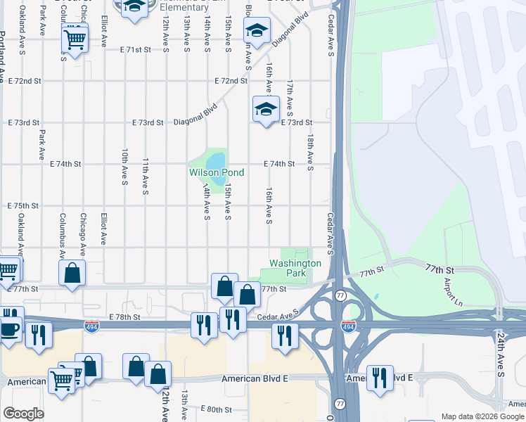 map of restaurants, bars, coffee shops, grocery stores, and more near 7520 16th Avenue South in Minneapolis