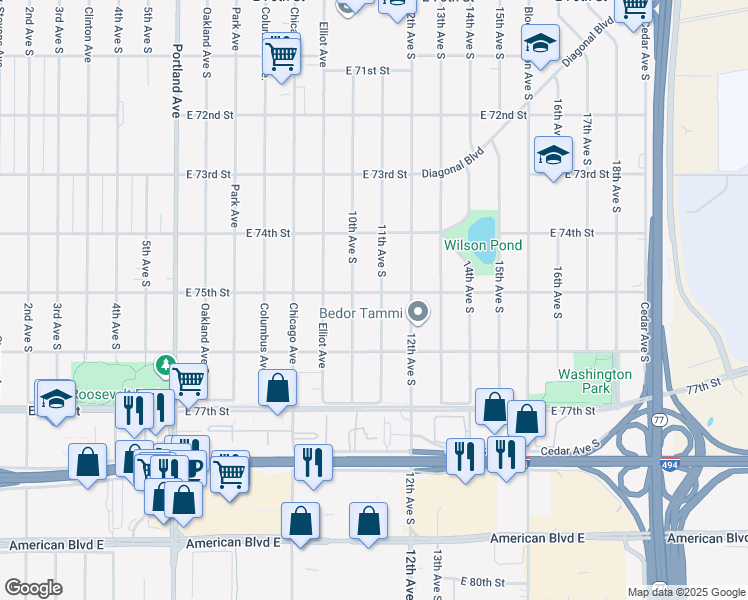 map of restaurants, bars, coffee shops, grocery stores, and more near 7520 11th Avenue South in Minneapolis