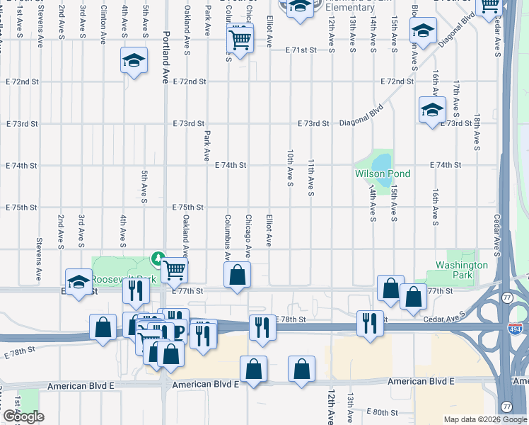 map of restaurants, bars, coffee shops, grocery stores, and more near 7521 Chicago Avenue in Richfield