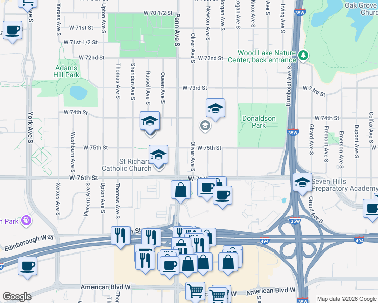 map of restaurants, bars, coffee shops, grocery stores, and more near 7520 Oliver Avenue South in Minneapolis
