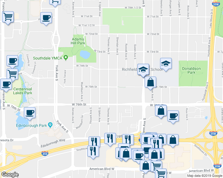 map of restaurants, bars, coffee shops, grocery stores, and more near 7521 Thomas Avenue South in Minneapolis