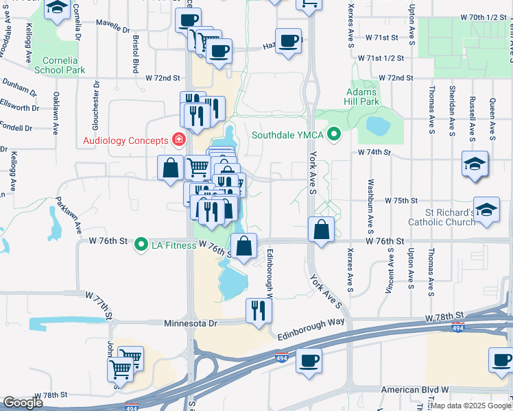 map of restaurants, bars, coffee shops, grocery stores, and more near 7520 Edinborough Way in Minneapolis