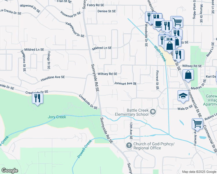 map of restaurants, bars, coffee shops, grocery stores, and more near 1095 Pollyanne Avenue Southeast in Salem
