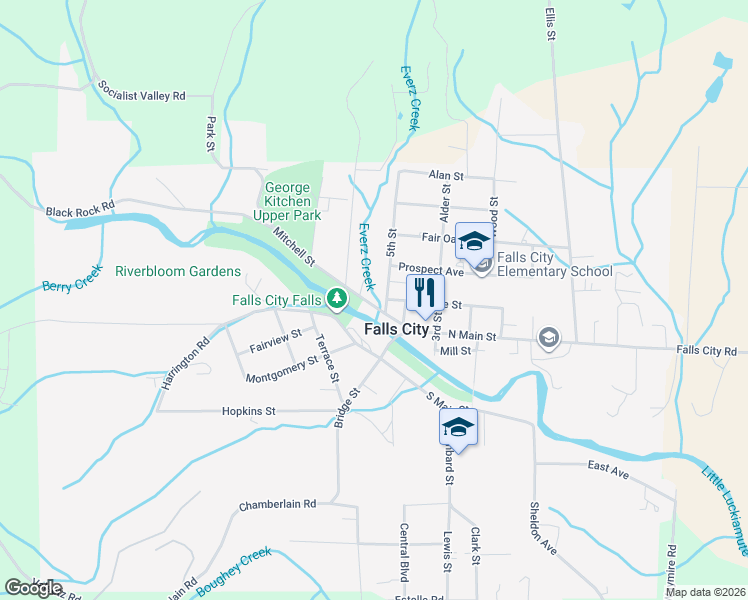 map of restaurants, bars, coffee shops, grocery stores, and more near in Falls City