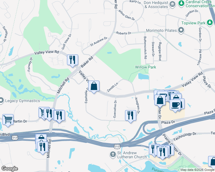 map of restaurants, bars, coffee shops, grocery stores, and more near 13670 Valley View Road in Eden Prairie