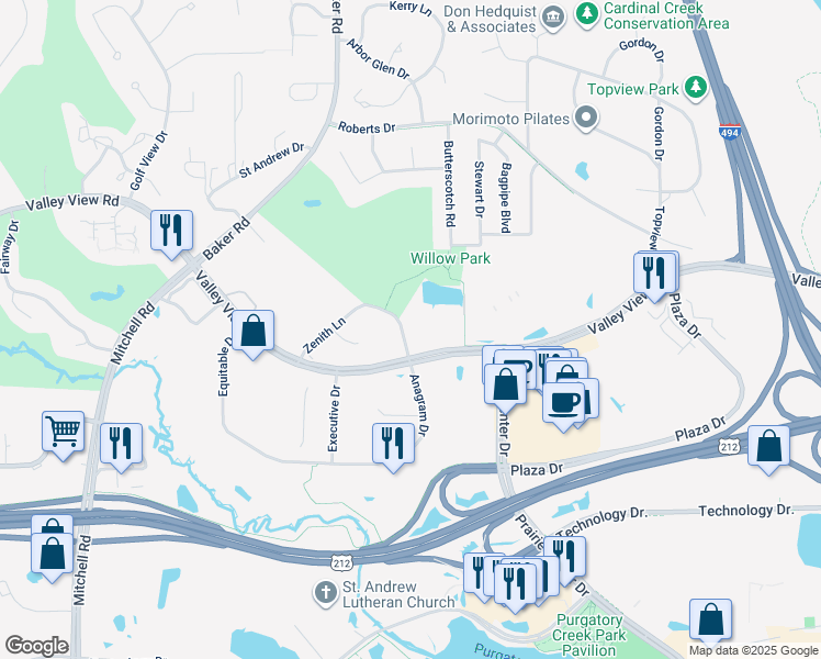 map of restaurants, bars, coffee shops, grocery stores, and more near 13344 Zenith Lane in Eden Prairie