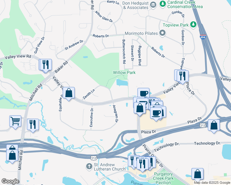 map of restaurants, bars, coffee shops, grocery stores, and more near 13300 Zenith Lane in Eden Prairie