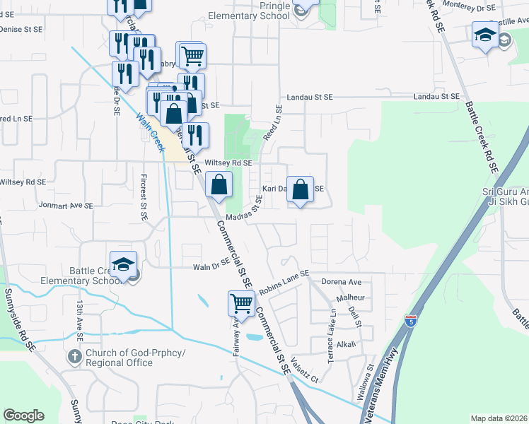 map of restaurants, bars, coffee shops, grocery stores, and more near 1956 Madras Street Southeast in Salem