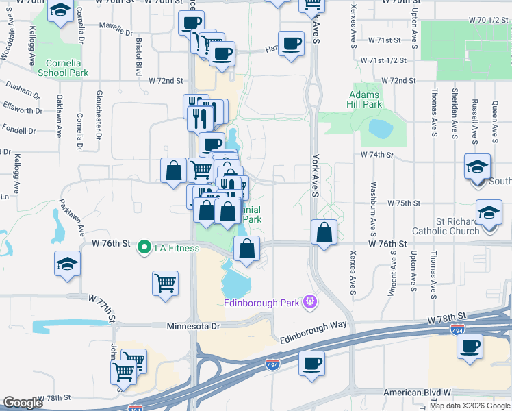 map of restaurants, bars, coffee shops, grocery stores, and more near 7500 Edinborough Way in Edina