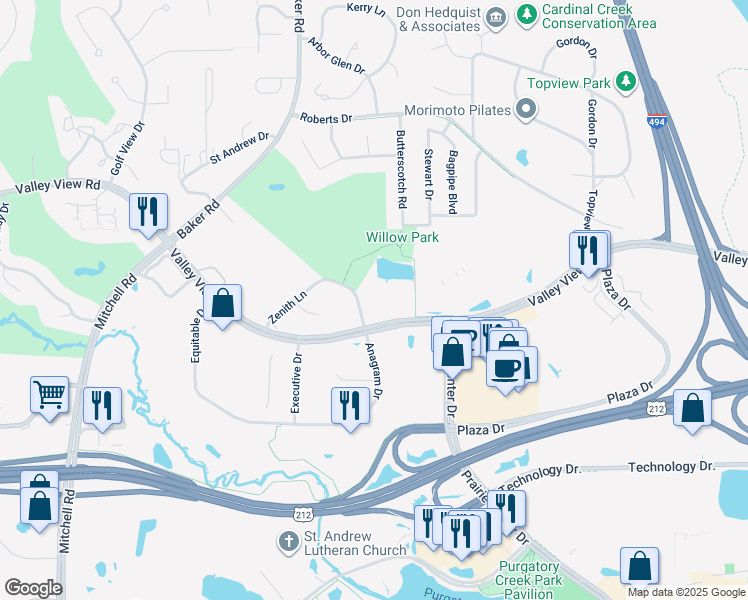 map of restaurants, bars, coffee shops, grocery stores, and more near 13300 Zenith Lane in Eden Prairie