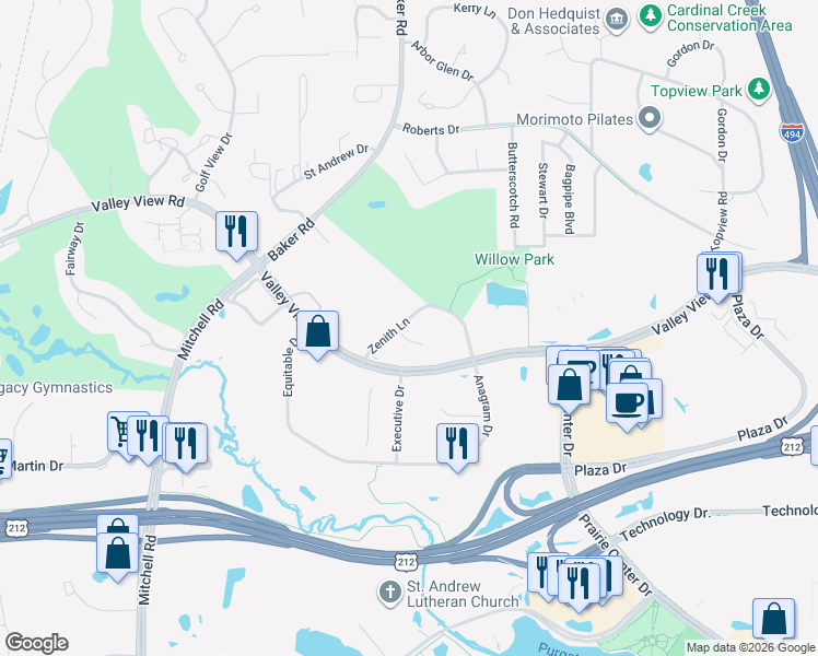 map of restaurants, bars, coffee shops, grocery stores, and more near 7497 Villa Court in Eden Prairie