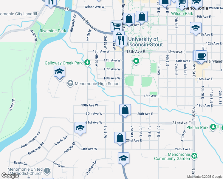map of restaurants, bars, coffee shops, grocery stores, and more near 202 17th Avenue West in Menomonie