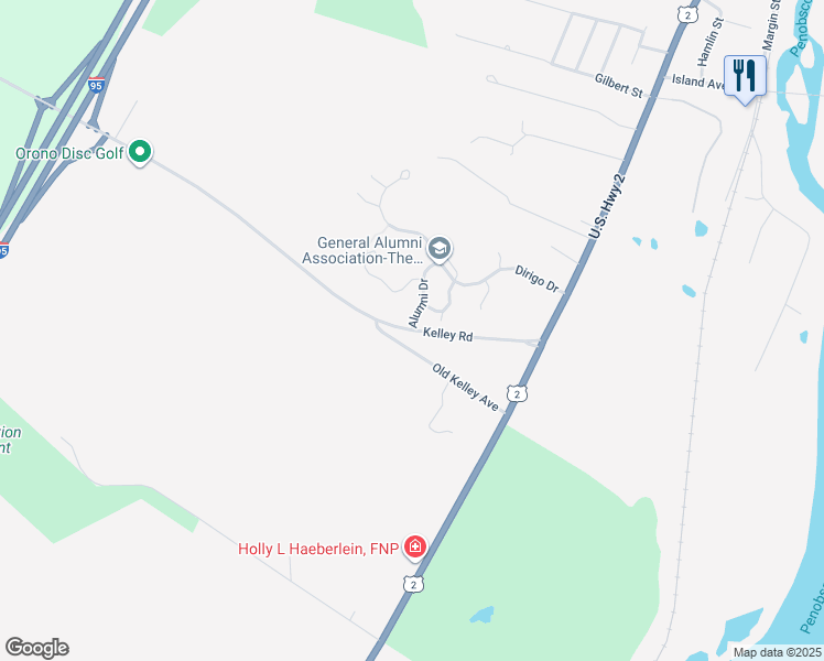 map of restaurants, bars, coffee shops, grocery stores, and more near 118 Alumni Drive in Orono