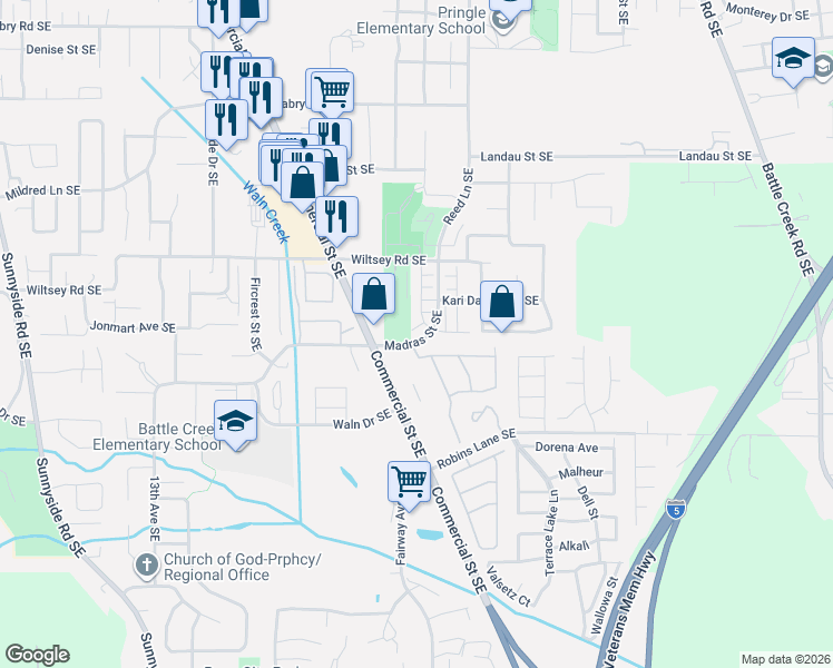 map of restaurants, bars, coffee shops, grocery stores, and more near 6027 Blue River Drive Southeast in Salem