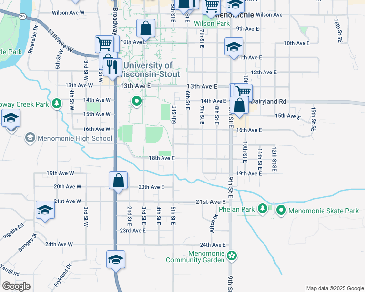 map of restaurants, bars, coffee shops, grocery stores, and more near 502 16th Avenue East in Menomonie