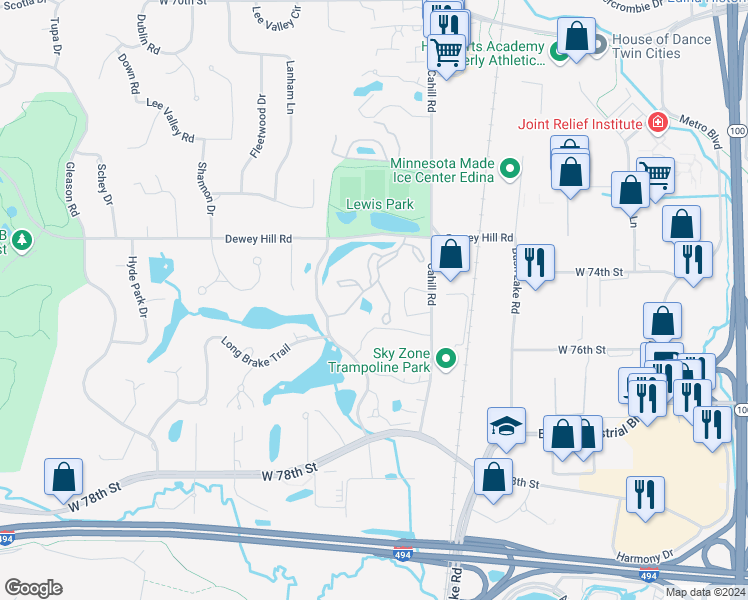 map of restaurants, bars, coffee shops, grocery stores, and more near 5601 Dewey Hill Road in Minneapolis