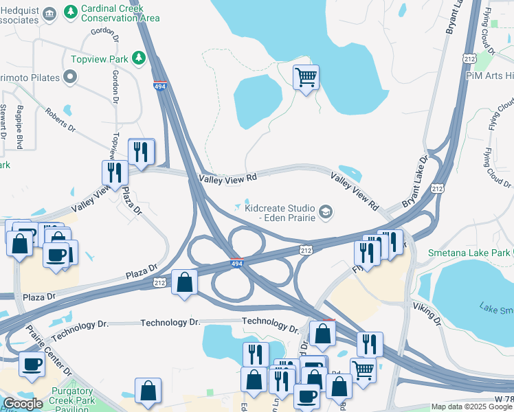 map of restaurants, bars, coffee shops, grocery stores, and more near 7500 Office Ridge Circle in Eden Prairie