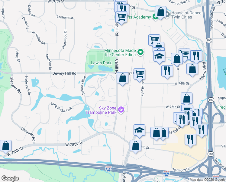 map of restaurants, bars, coffee shops, grocery stores, and more near 7426 Cahill Road in Minneapolis