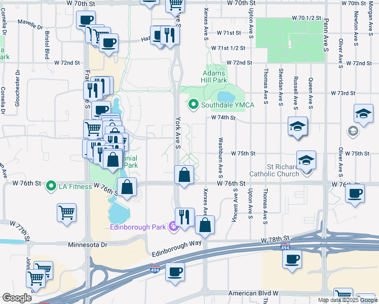 map of restaurants, bars, coffee shops, grocery stores, and more near 7425 York Terrace in Minneapolis