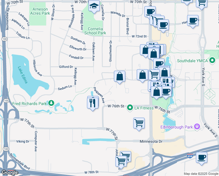 map of restaurants, bars, coffee shops, grocery stores, and more near 4201 Parklawn Avenue in Minneapolis