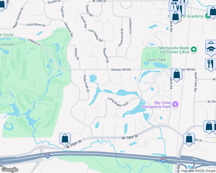 map of restaurants, bars, coffee shops, grocery stores, and more near 7412 Shannon Circle in Minneapolis